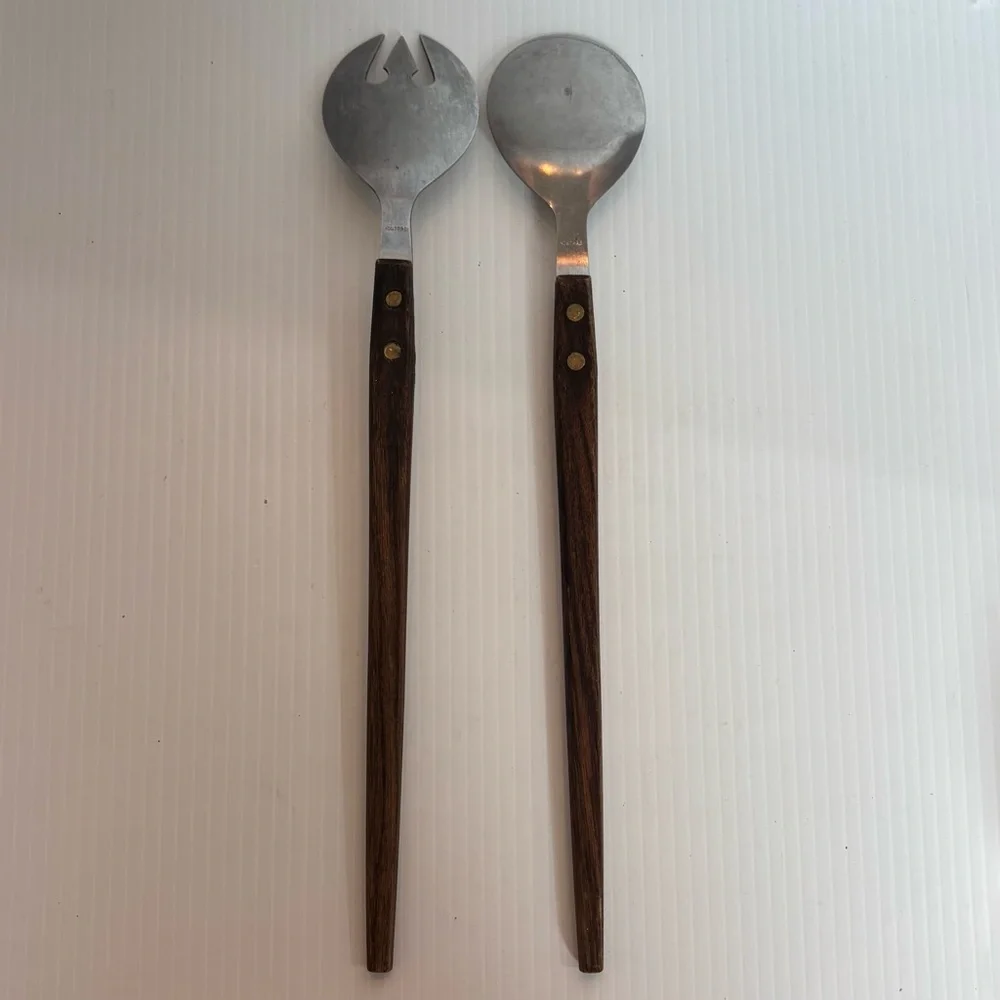 Vintage Salad Serving Set Wood Handle Stainless Rostfrei German MCM 11.5”